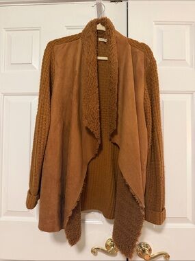 Open-Front Faux Suede & Knit Draped Cardigan - Brown